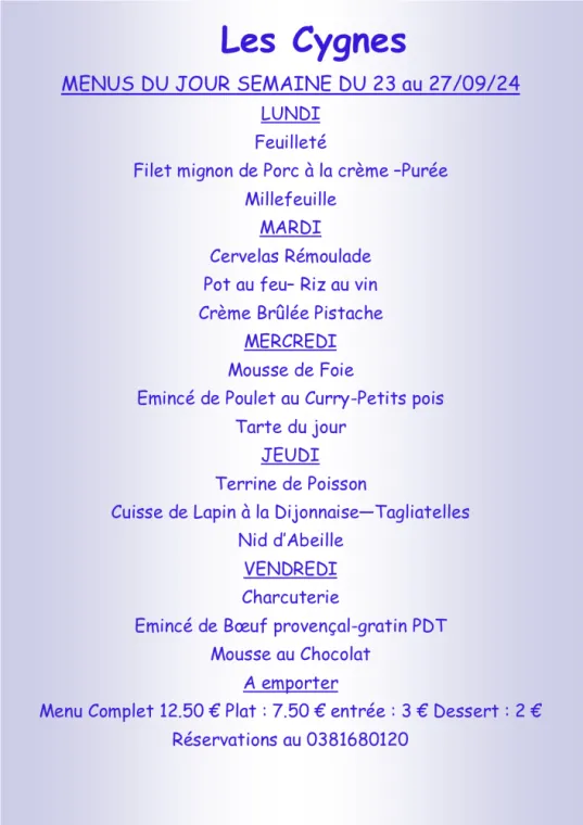 Menus à emporter restaurant villers le lac , Villers-le-Lac, Hôtel-Restaurant Les Cygnes