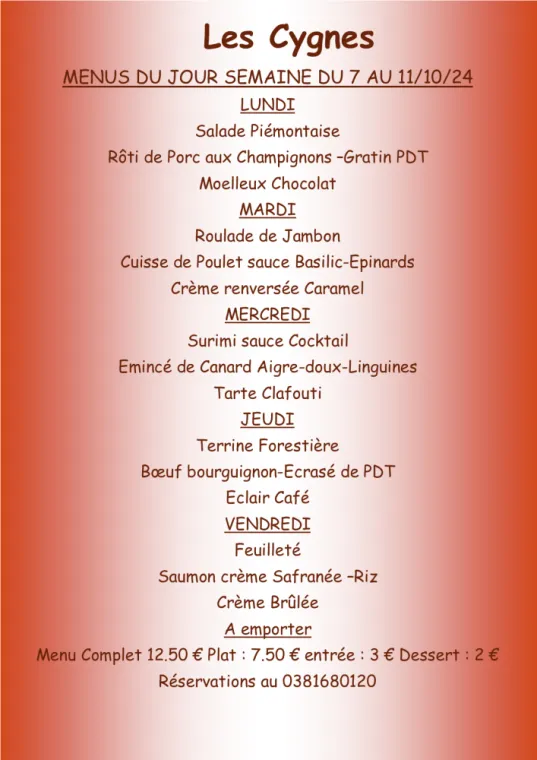 Menus à emporter restaurant villers le lac , Villers-le-Lac, Hôtel-Restaurant Les Cygnes
