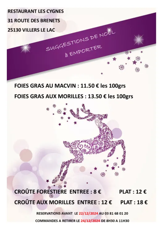 SUGGESTIONS DE NOEL A EMPORTER, Villers-le-Lac, Hôtel-Restaurant Les Cygnes