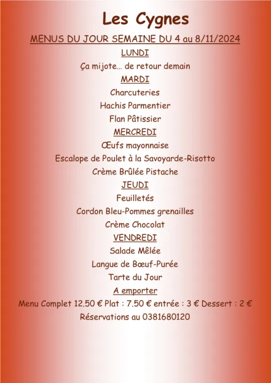 Menus à emporter restaurant villers le lac , Villers-le-Lac, Hôtel-Restaurant Les Cygnes