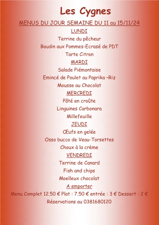 Menus à emporter restaurant villers le lac , Villers-le-Lac, Hôtel-Restaurant Les Cygnes