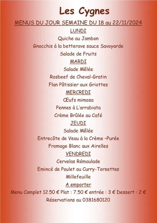 Menus à emporter restaurant villers le lac , Villers-le-Lac, Hôtel-Restaurant Les Cygnes