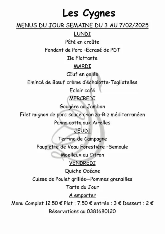 Menus à emporter restaurant villers le lac , Villers-le-Lac, Hôtel-Restaurant Les Cygnes
