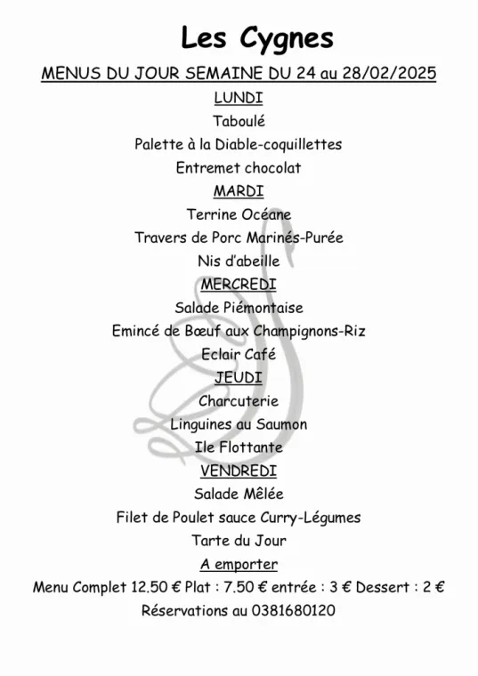 Menus à emporter restaurant villers le lac , Villers-le-Lac, Hôtel-Restaurant Les Cygnes