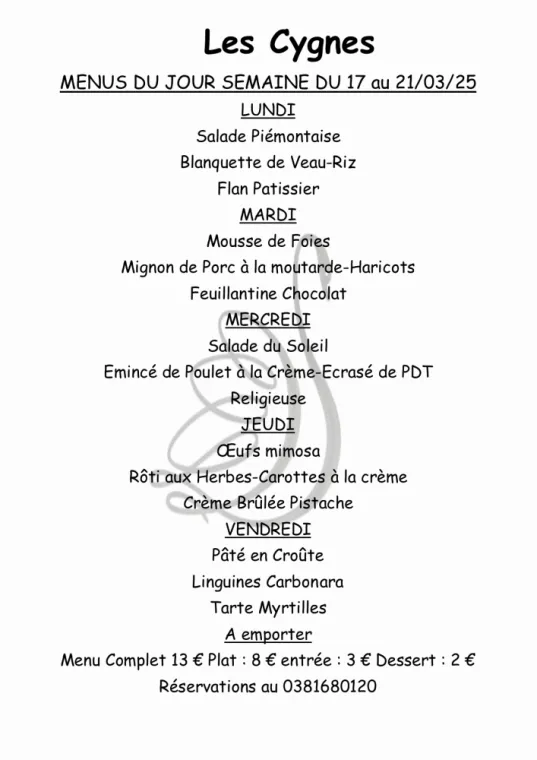 Menus à emporter restaurant villers le lac , Villers-le-Lac, Hôtel-Restaurant Les Cygnes