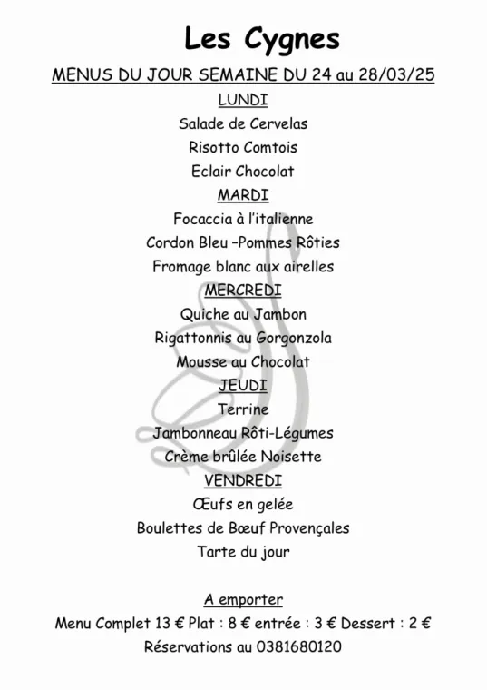 Menus à emporter restaurant villers le lac , Villers-le-Lac, Hôtel-Restaurant Les Cygnes