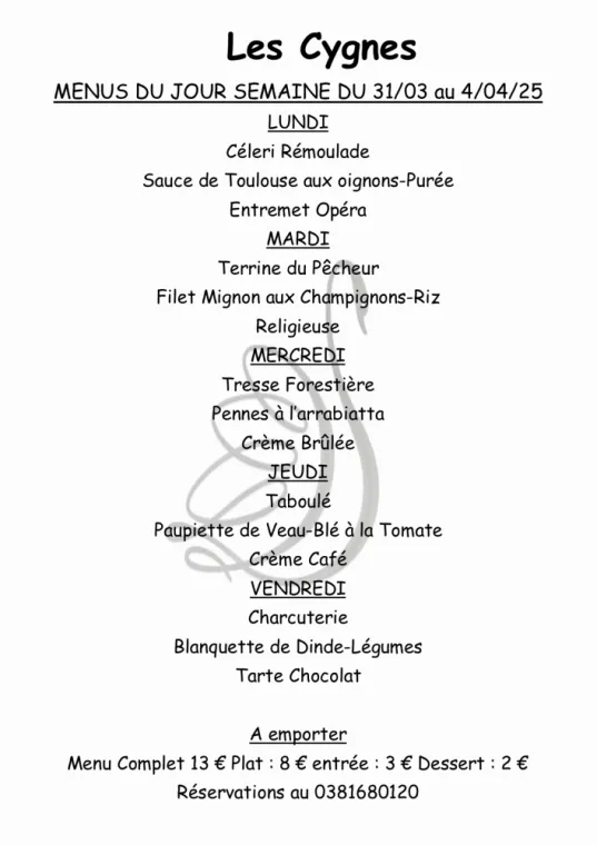 Menus à emporter restaurant villers le lac , Villers-le-Lac, Hôtel-Restaurant Les Cygnes