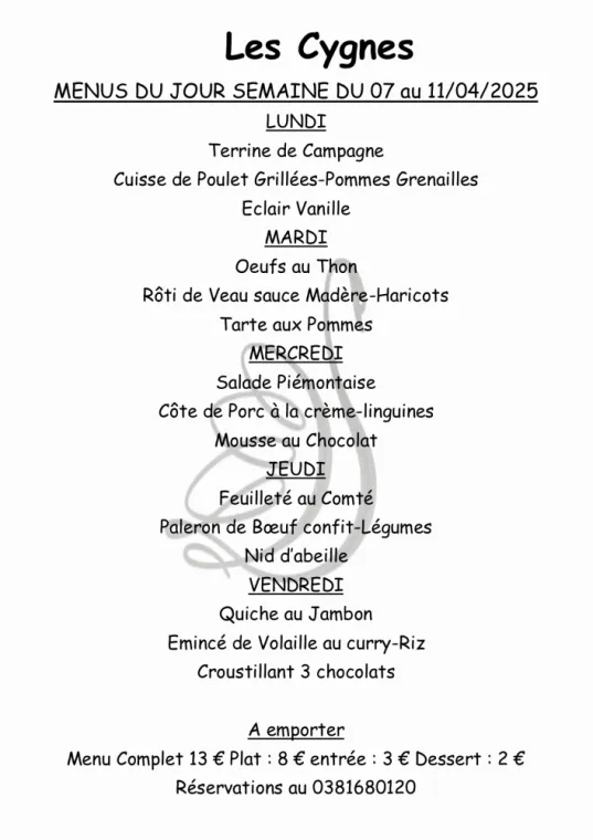 Menus à emporter restaurant villers le lac , Villers-le-Lac, Hôtel-Restaurant Les Cygnes