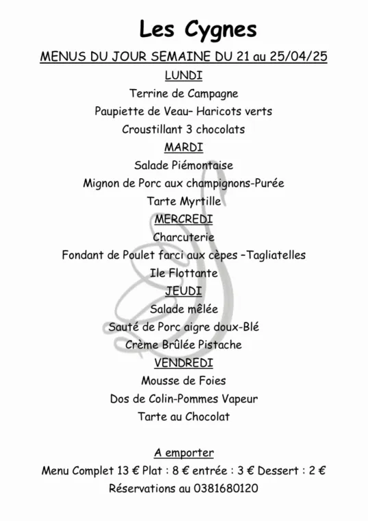 Menus à emporter restaurant villers le lac , Villers-le-Lac, Hôtel-Restaurant Les Cygnes