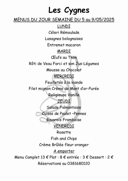 Menus à emporter restaurant villers le lac , Villers-le-Lac, Hôtel-Restaurant Les Cygnes