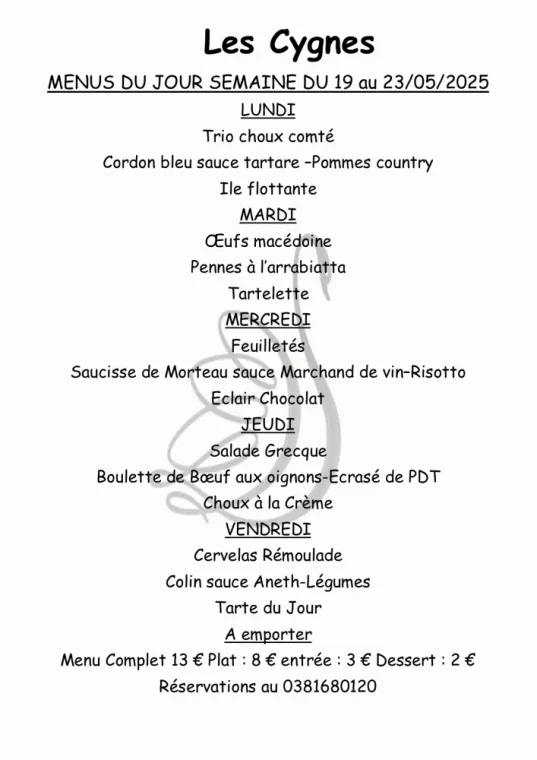Menus à emporter restaurant villers le lac , Villers-le-Lac, Hôtel-Restaurant Les Cygnes