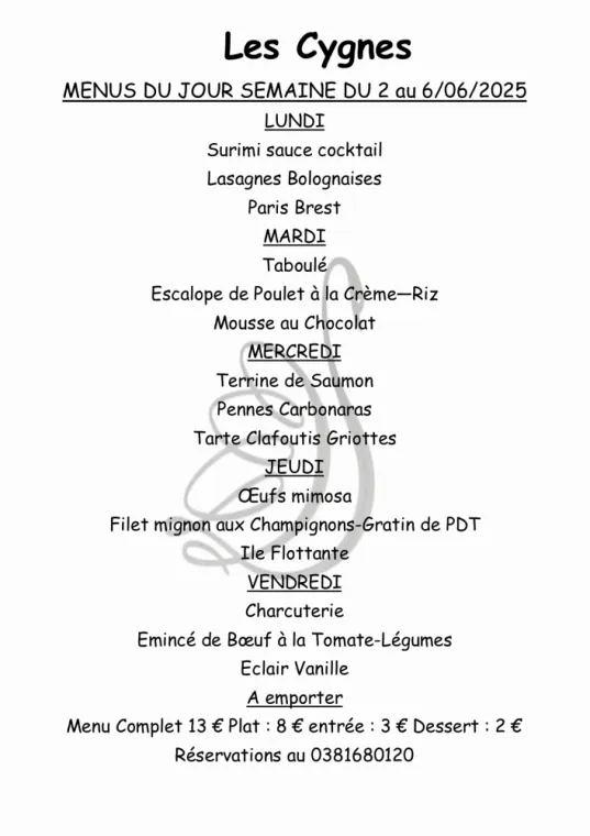 Menus à emporter restaurant villers le lac , Villers-le-Lac, Hôtel-Restaurant Les Cygnes