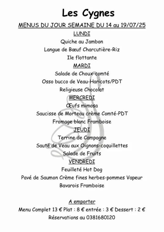 Menus à emporter restaurant villers le lac , Villers-le-Lac, Hôtel-Restaurant Les Cygnes