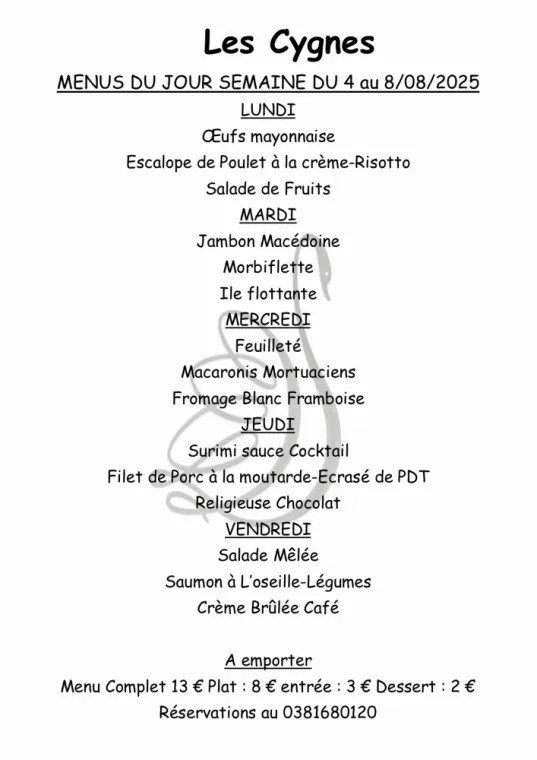Menus à emporter restaurant villers le lac , Villers-le-Lac, Hôtel-Restaurant Les Cygnes
