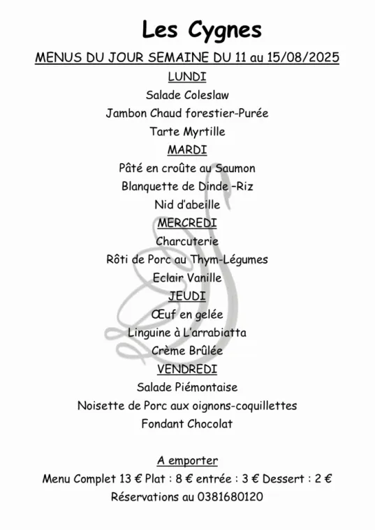 Menus à emporter restaurant villers le lac , Villers-le-Lac, Hôtel-Restaurant Les Cygnes