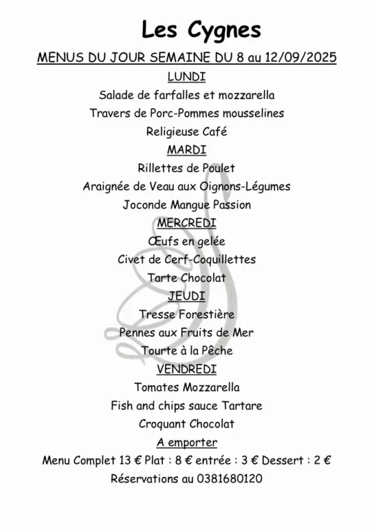 Menus à emporter restaurant villers le lac , Villers-le-Lac, Hôtel-Restaurant Les Cygnes
