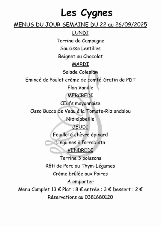 Nos menus du jour sur place ou à emporter uniquement sur réservation, Villers-le-Lac, Hôtel-Restaurant Les Cygnes