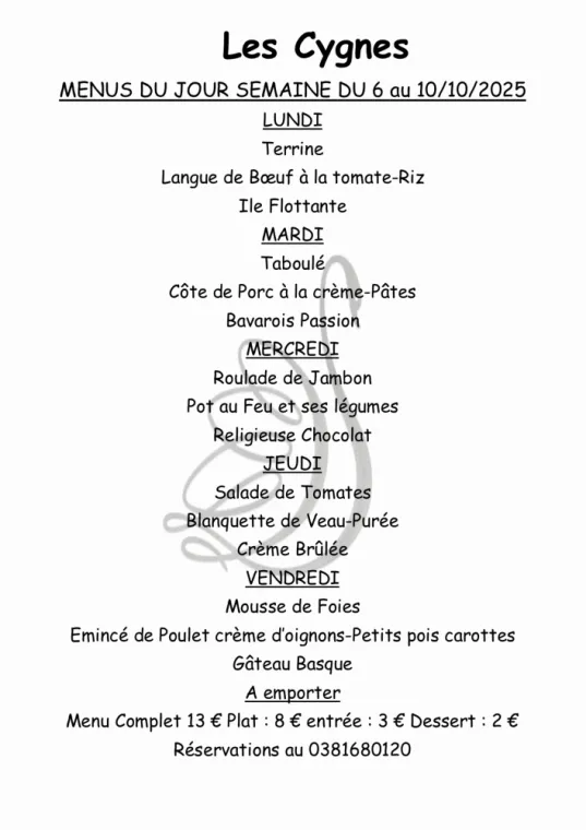 nos menus sur place ou à emporter , Villers-le-Lac, Hôtel-Restaurant Les Cygnes
