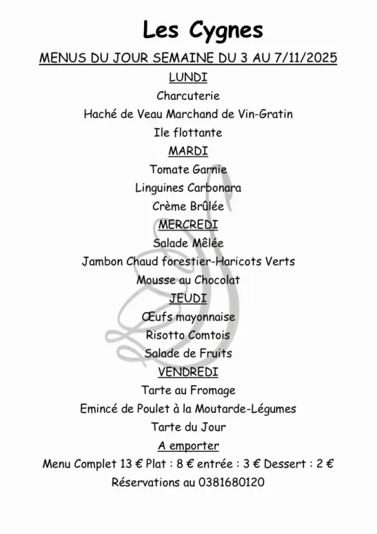 menus sur place ou a emporter sur réservation au 0381680120, Villers-le-Lac, Hôtel-Restaurant Les Cygnes