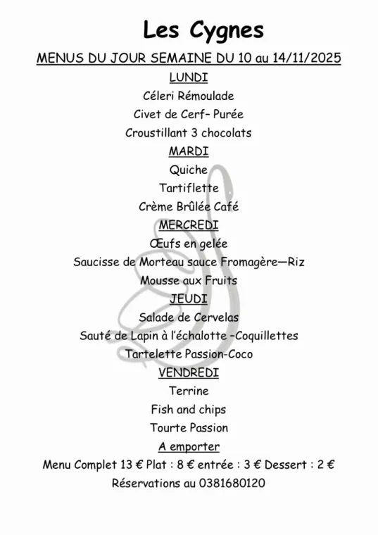Menus du jour sur réservation avant 10h. Quantités limitées , Villers-le-Lac, Hôtel-Restaurant Les Cygnes