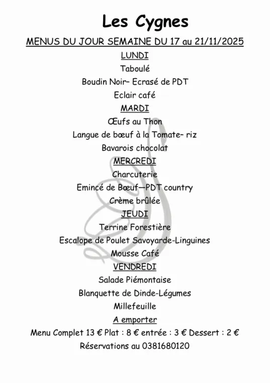 MENUS DU JOUR SUR RESERVATION , Villers-le-Lac, Hôtel-Restaurant Les Cygnes