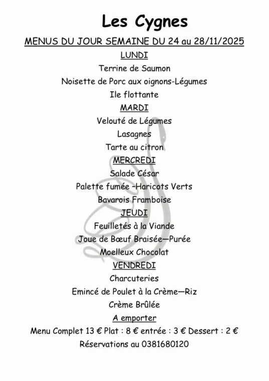 Menus du jour sur réservation , Villers-le-Lac, Hôtel-Restaurant Les Cygnes