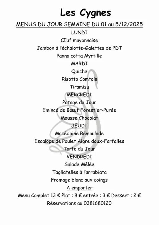 NOS MENUS SUR PLACE OU A EMPORTER SUR RESERVATION , Villers-le-Lac, Hôtel-Restaurant Les Cygnes