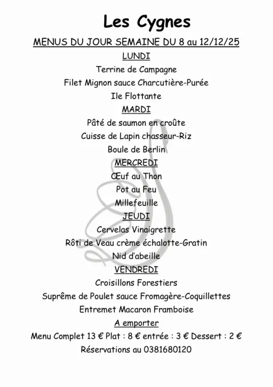 menus du jour sur réservations au 0381680120, Villers-le-Lac, Hôtel-Restaurant Les Cygnes