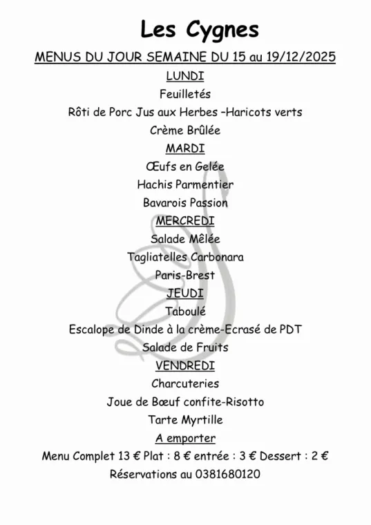 MENUS DU JOUR SEMAINE 51, Villers-le-Lac, Hôtel-Restaurant Les Cygnes