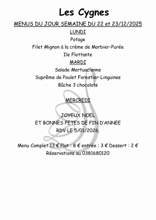 MENUS DE LA SEMAINE SUR PLACE OU A EMPORTER , Villers-le-Lac, Hôtel-Restaurant Les Cygnes