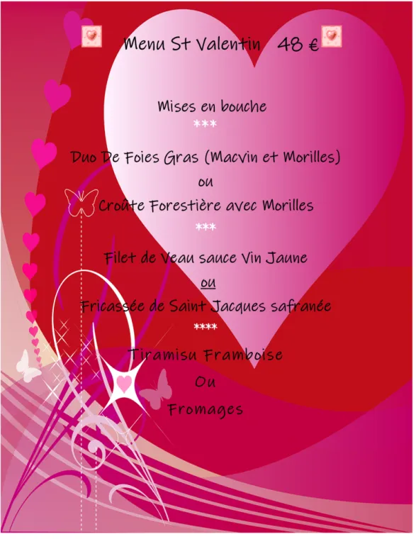 SAINT VALENTIN MENU UNIQUE , Villers-le-Lac, Hôtel-Restaurant Les Cygnes