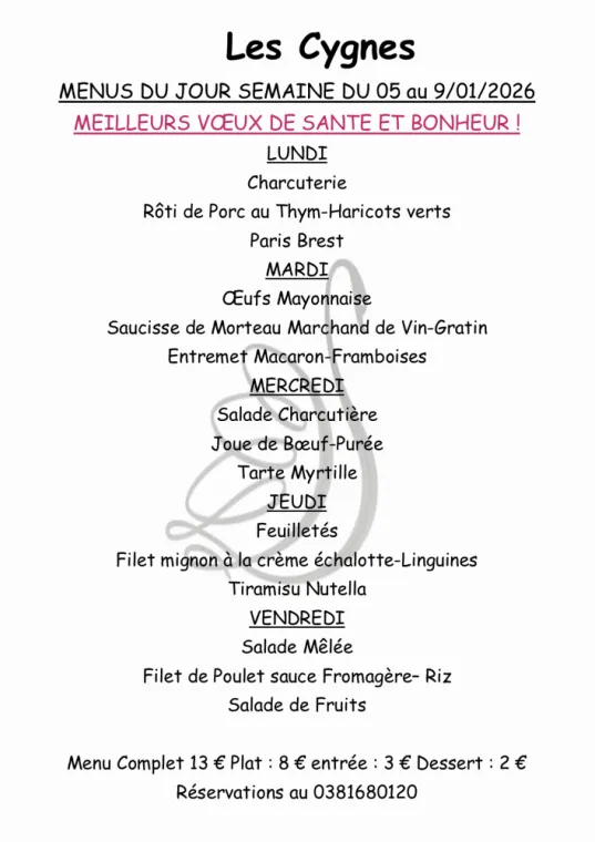 DE RETOUR LE 5/01/2026, meilleurs voeux de Santé et Bonhneur, Villers-le-Lac, Hôtel-Restaurant Les Cygnes