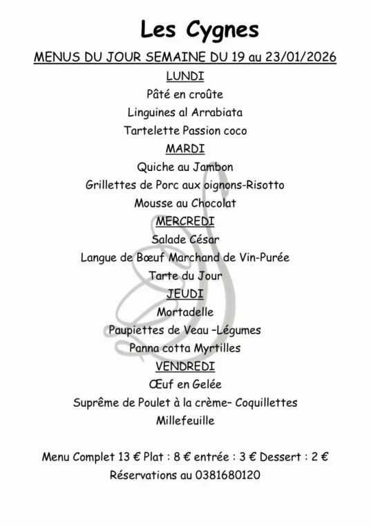 Menus à emporter , Villers-le-Lac, Hôtel-Restaurant Les Cygnes