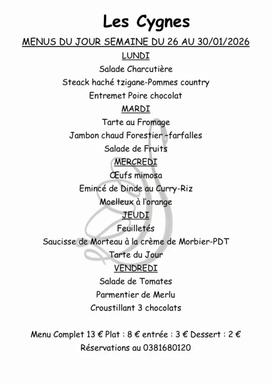 MENUS SEMAINE 5 SUR PLACE OU A EMPORTER, Villers-le-Lac, Hôtel-Restaurant Les Cygnes