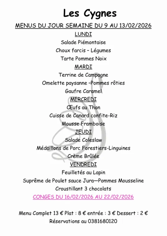 MENUS DU JOUR SEMAINE 7, Villers-le-Lac, Hôtel-Restaurant Les Cygnes