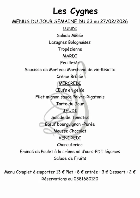 MENUS SUR PLACE OU A EMPORTER , Villers-le-Lac, Hôtel-Restaurant Les Cygnes