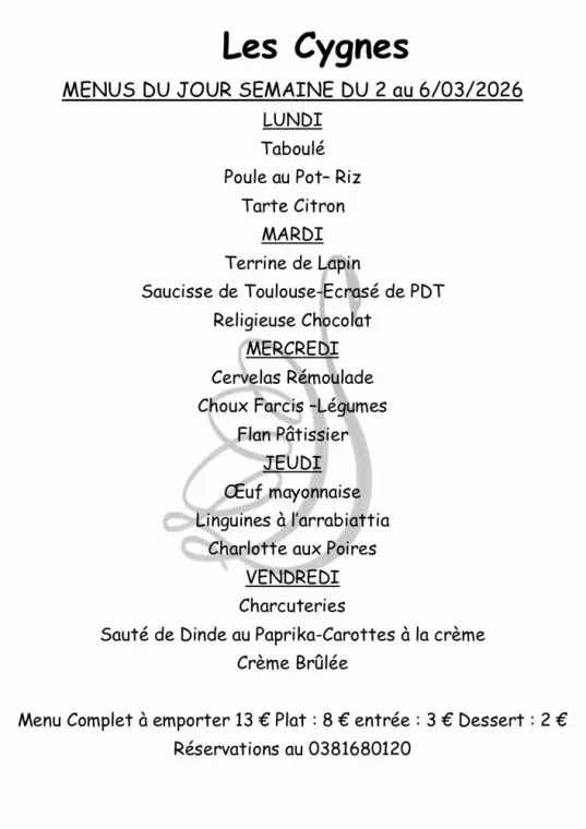 menus à emporter semaine 10, Villers-le-Lac, Hôtel-Restaurant Les Cygnes
