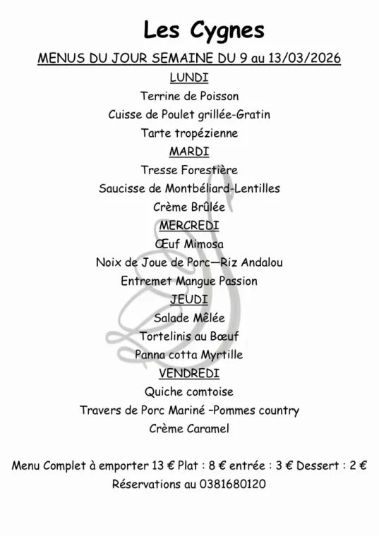 MENUS SEMAINE 11 , Villers-le-Lac, Hôtel-Restaurant Les Cygnes