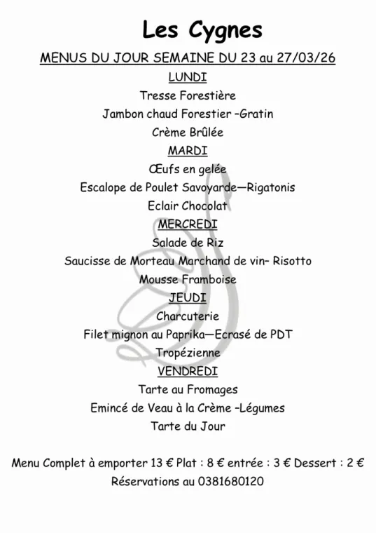 menus semaine 13 sur place ou à emporter , Villers-le-Lac, Hôtel-Restaurant Les Cygnes