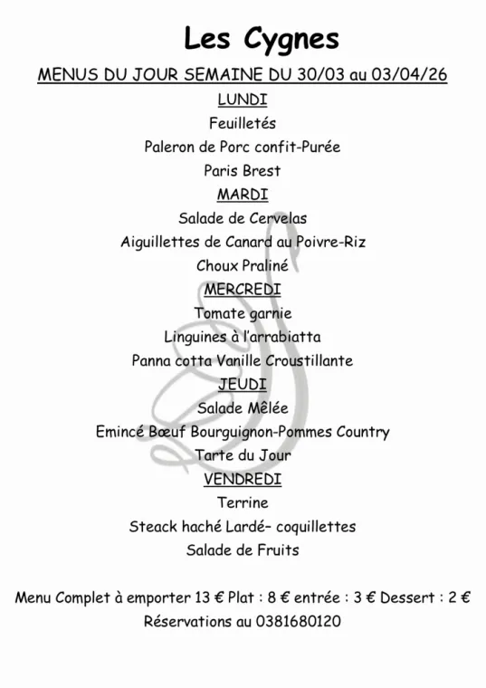 MENUS SUR PLACE OU A EMPORTER , Villers-le-Lac, Hôtel-Restaurant Les Cygnes