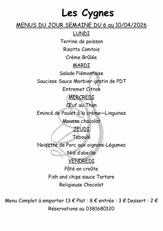 menus sur place ou à emporter , Villers-le-Lac, Hôtel-Restaurant Les Cygnes