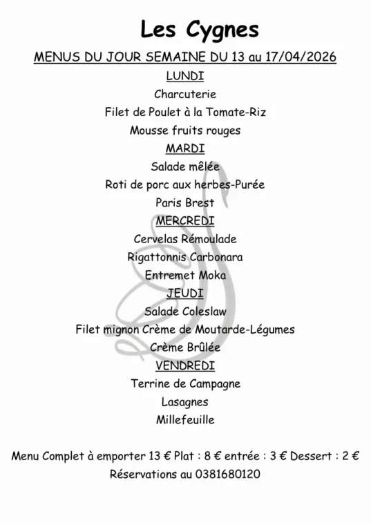 menus du jour sur place ou à emporter , Villers-le-Lac, Hôtel-Restaurant Les Cygnes
