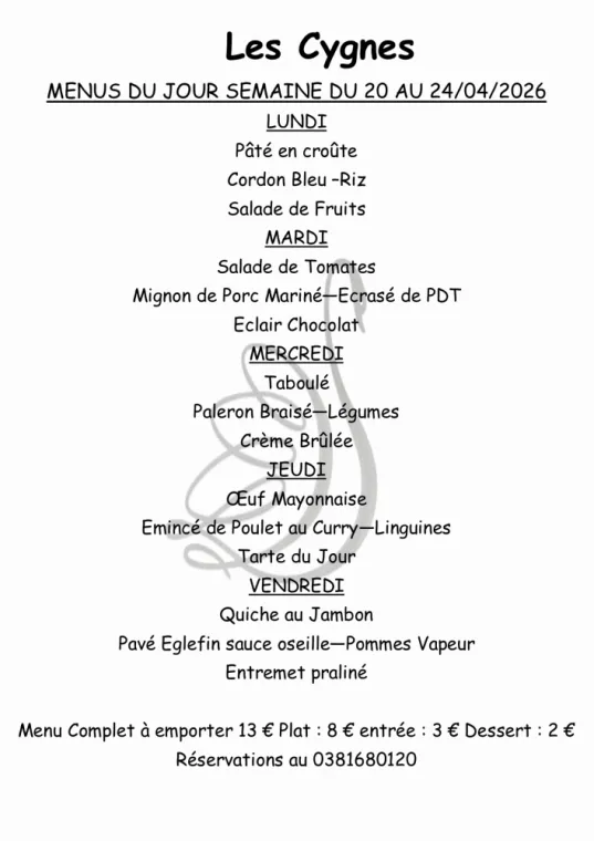 MENUS SEMAINE 17, Villers-le-Lac, Hôtel-Restaurant Les Cygnes