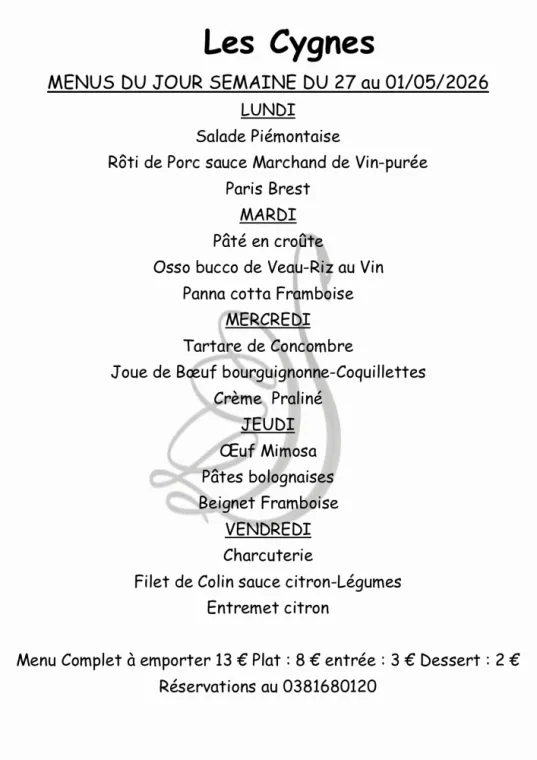 MENUS SEMAINE 18 SUR PLACE OU A EMPORTER, Villers-le-Lac, Hôtel-Restaurant Les Cygnes