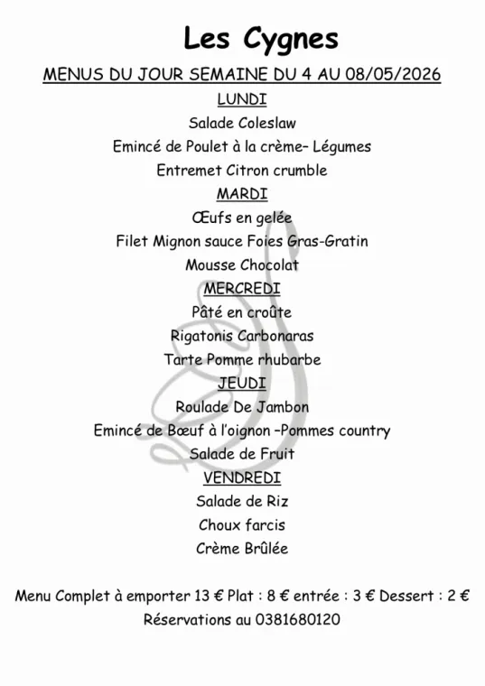 menus semaine 19 , Villers-le-Lac, Hôtel-Restaurant Les Cygnes