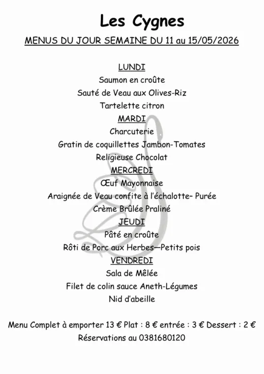 menus semaine 20 sur place ou à emporter , Villers-le-Lac, Hôtel-Restaurant Les Cygnes