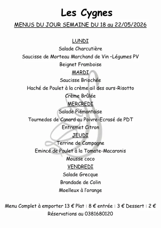 MENUS SEMAINE 21, Villers-le-Lac, Hôtel-Restaurant Les Cygnes