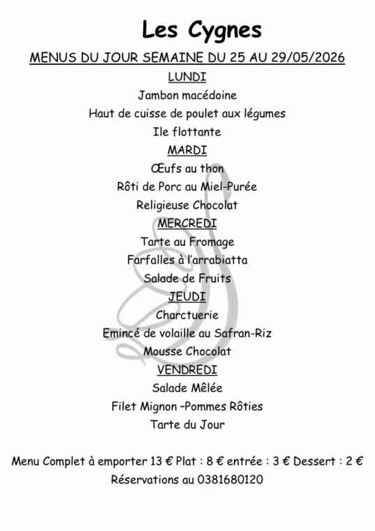 MENUS SEMAINE 22, Villers-le-Lac, Hôtel-Restaurant Les Cygnes