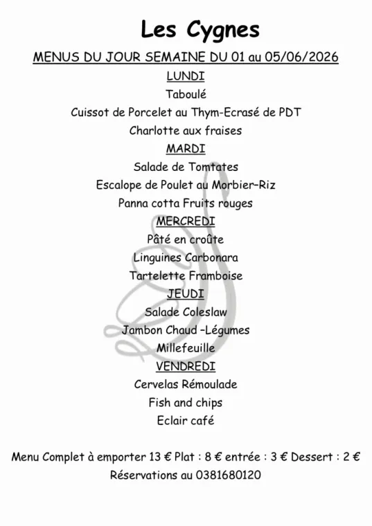 MENUS SEMAINE 23, Villers-le-Lac, Hôtel-Restaurant Les Cygnes