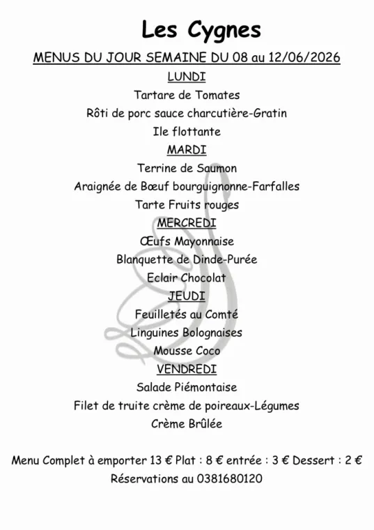 MENUS SEMAINE 24, Villers-le-Lac, Hôtel-Restaurant Les Cygnes